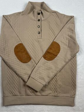 Hengsheng Men's Quilted Pullover Sweater L Long Sleeve Elbow Patch Button Front